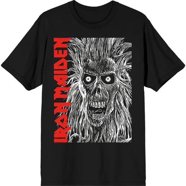 Iron Maiden Unisex T-Shirt: Eponymous Face Red Logo (Black) (Large)