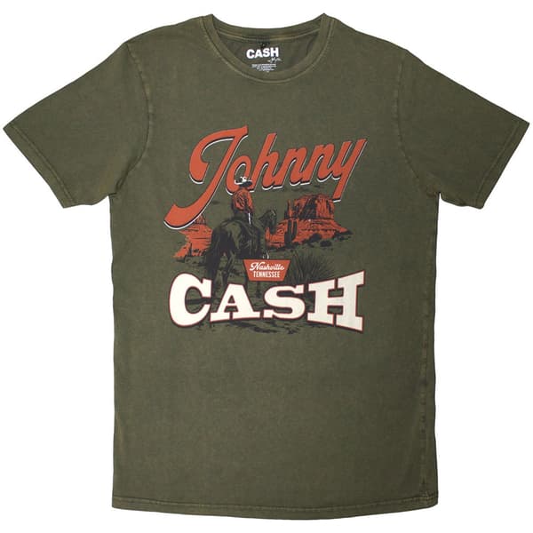 Johnny Cash Unisex Stone Wash T-Shirt: Desert Cowboy (Green) (Medium)