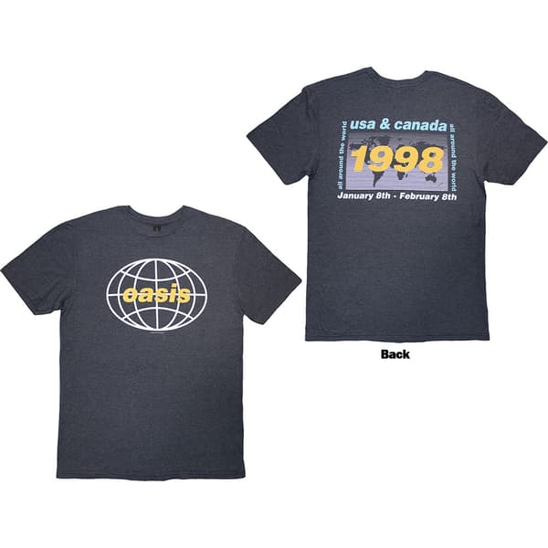 Oasis Unisex T-Shirt: 1998 World Tour - USA/Canada (Navy Blue) (Back Print) (Small)