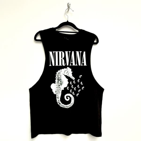 Nirvana Unisex Vest T-Shirt: Seahorse & Logo Mono (Black) (Large)