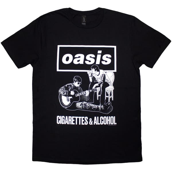 Oasis Unisex T-Shirt: Cigarettes & Alcohol Illustration Mono (Black) (Large)
