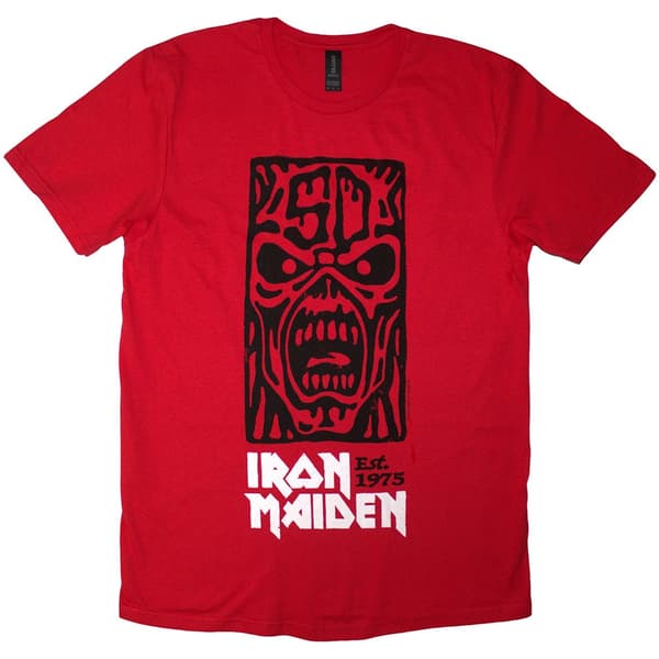 Iron Maiden Unisex T-Shirt: Est. 1975 Stamp Logo Black (Red) (Medium)