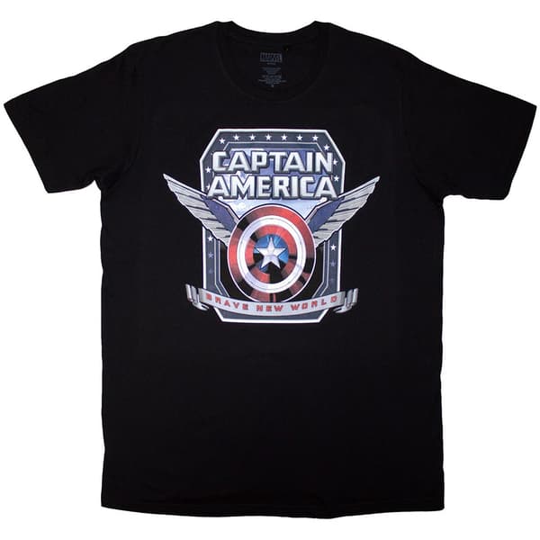 Marvel Comics Unisex T-Shirt: Captain America Brave New World Shield (Black) (Small)