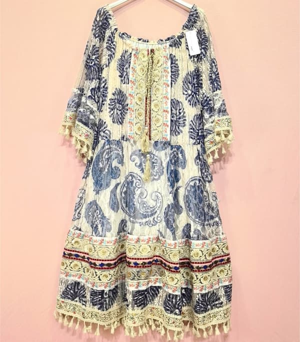 Agélii Fashion - Bohemisk klänning med 2 olika mönsterval - one size 40-48 Marinblå