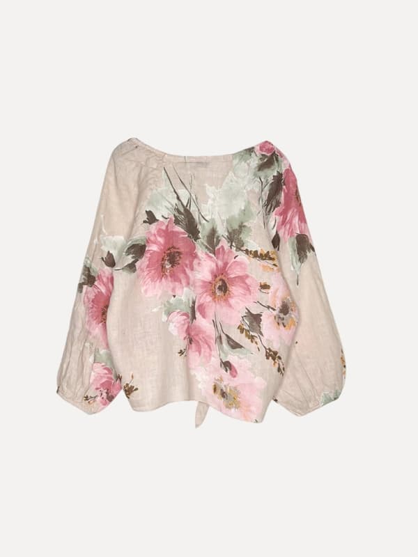Knot Linen Shirt Flowery Attitude, Sand - Reunion Home