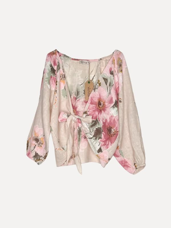 Knot Linen Shirt Flowery Attitude, Sand - Reunion Home