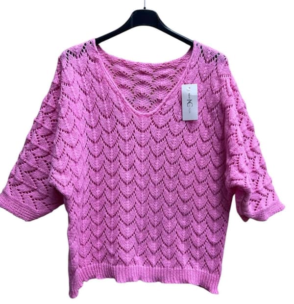 Agélii Fashion - V-ringad topp med 3/4 ärmar- flera färger - one size 36-44 Rosa