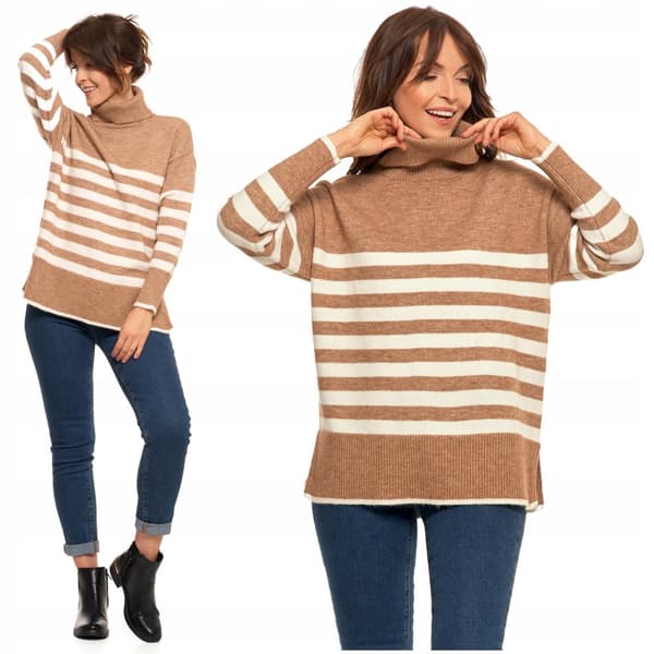 DAMTRÖJA i ränder Polotröja Lös Bekväm Beige Snygg för hösten MORAJ XL