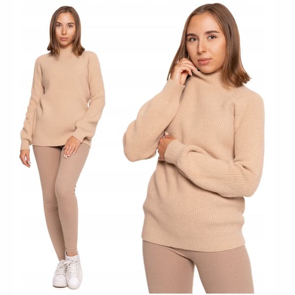 Beige DAMTRÖJA Löst Mjuk Stickad Modern Feminin Halv Polotröja MORAJ M