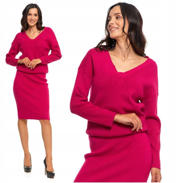 Elegant dametrøje med V-hals, fuchsia, klassisk, moderigtig, komfortabel, MORAJ 3XL
