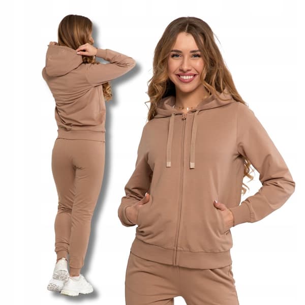 DAMTRÖJA Slät träningsoverall med dragkedja och huva Klassisk beige MORAJ XXL