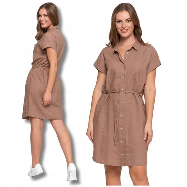 DAMEKJOLE Hørskjortekjole Elegant Knælang Uknappet Beige MORAJ L