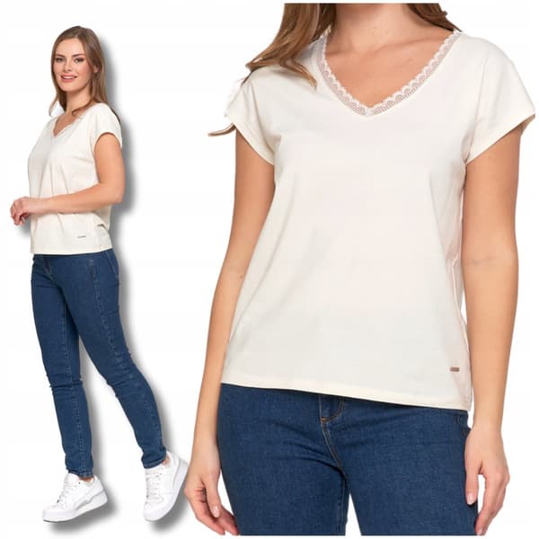 Damebluse med blondeudskæring, kortærmet T-shirt, MORAJ L
