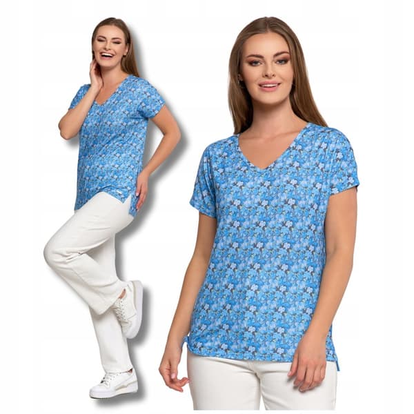DAMEBLUSE i blomsterprint med korte ærmer, moderigtigt mønster, MORAJ L