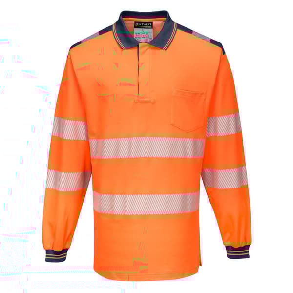 PW3 Hi-Vis Langærmet Poloshirt - Orange/Marineblå S