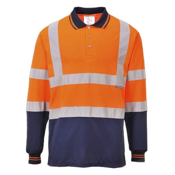 Tofarvet langærmet poloshirt - Orange/Marineblå S