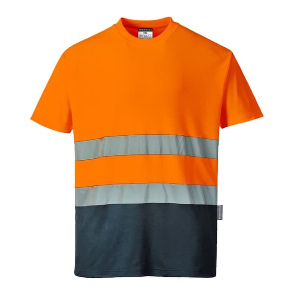 Bomuldskomfort T-shirt i to farver med advarselsmærke - Orange/Marineblå XL