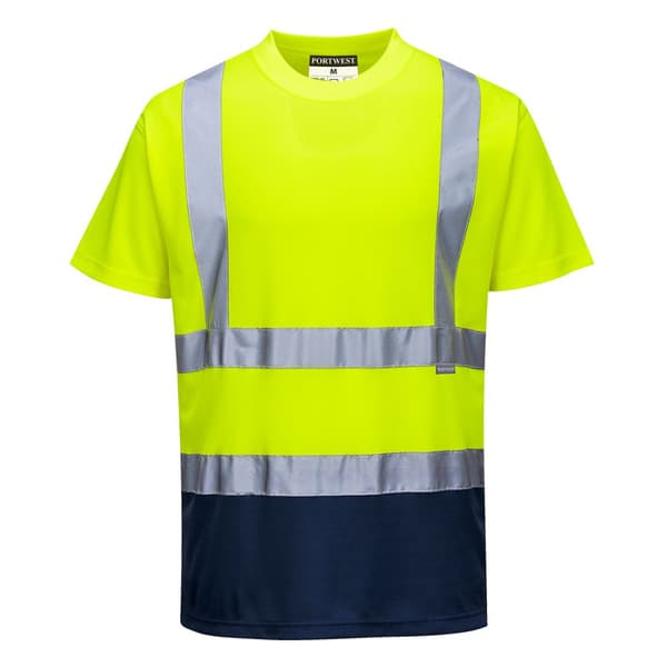 Tofarvet advarsels-t-shirt - Gul/Marineblå XXXL