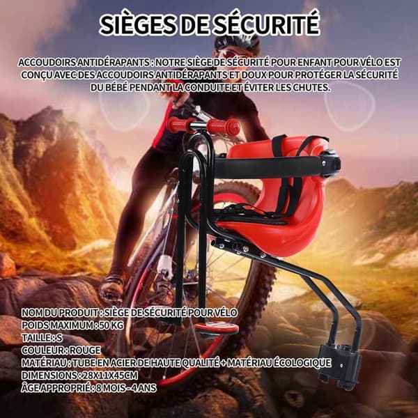 C Säkerhetsstol Barn Cykel Säkerhetsstol Belastning 50 kg Snabbkoppling Barnsäkerhet Framsäte för skyddsräcke Röd