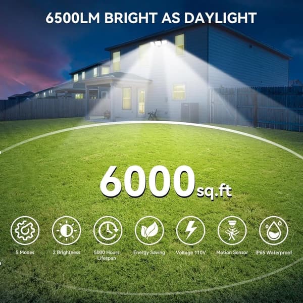 OBOSOE 65W LED Solar Sikkerhedslampe Vådstyret Udendørs Flodlys, 6500LM, IP65 Vandtæt, 6500K – Justerbar 3-hoved flodlampe med befugtning