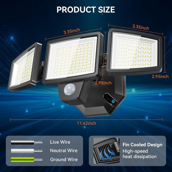 OBOSOE 65W LED Solar Sikkerhedslampe Vådstyret Udendørs Flodlys, 6500LM, IP65 Vandtæt, 6500K – Justerbar 3-hoved flodlampe med befugtning