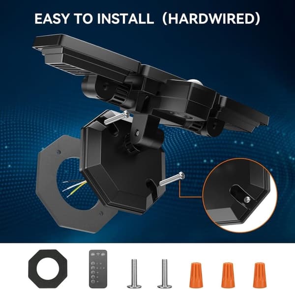 OBOSOE 65W LED Solar Sikkerhedslampe Vådstyret Udendørs Flodlys, 6500LM, IP65 Vandtæt, 6500K – Justerbar 3-hoved flodlampe med befugtning