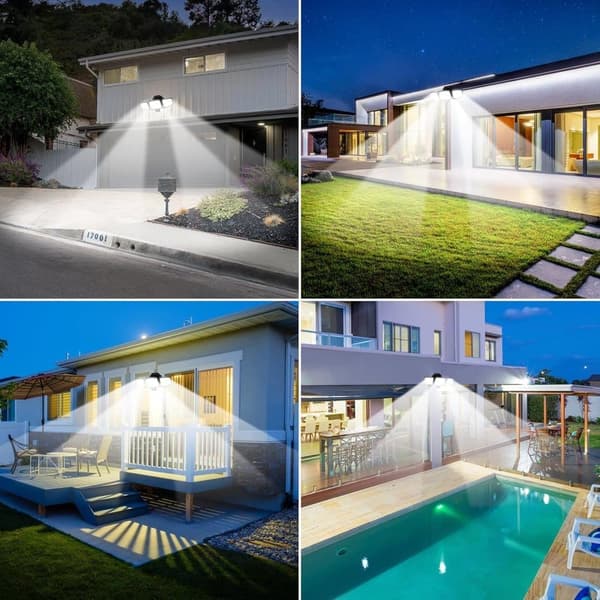 OBOSOE 65W LED Solar Sikkerhedslampe Vådstyret Udendørs Flodlys, 6500LM, IP65 Vandtæt, 6500K – Justerbar 3-hoved flodlampe med befugtning
