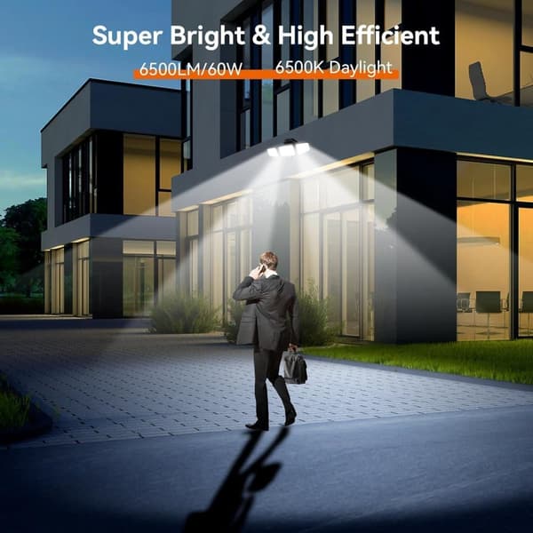 OBOSOE 65W LED Solar Sikkerhedslampe Vådstyret Udendørs Flodlys, 6500LM, IP65 Vandtæt, 6500K – Justerbar 3-hoved flodlampe med befugtning