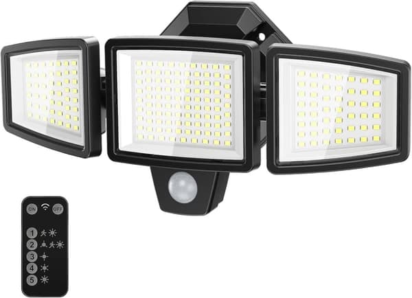 OBOSOE 65W LED Solar Sikkerhedslampe Vådstyret Udendørs Flodlys, 6500LM, IP65 Vandtæt, 6500K – Justerbar 3-hoved flodlampe med befugtning