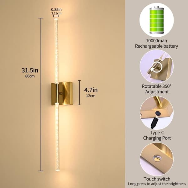 OBOSOE 2-Pak Batteridrevne Væglamper - Genopladelige Dæmpbare Trådløse Væglamper til Soveværelse med Fjernbetjening(Guld, 60cm)