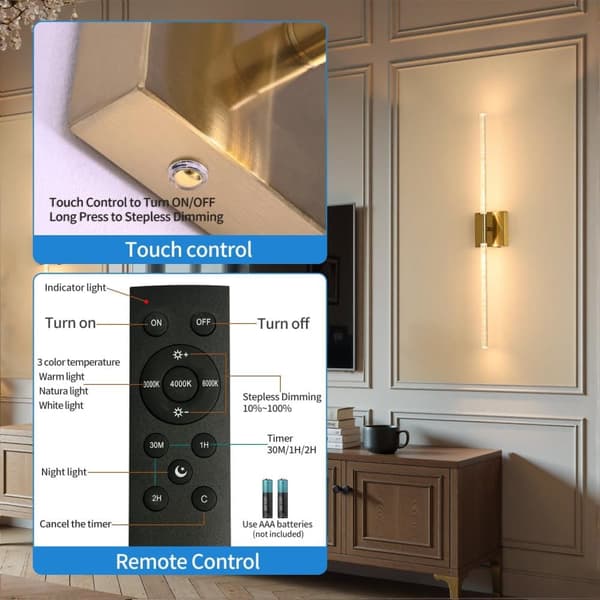 OBOSOE 2-Pak Trådløse Moderne Vægarmaturer - Genopladelige Batterilamper med Fjernbetjening til Stue/Soveværelse/Walk-in Closet (Guld, 80 cm)