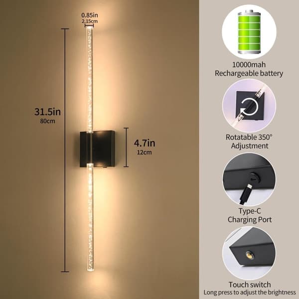 OBOSOE 2-Pak Batteridrevne Moderne Væglamper - Genopladelige Trådløse Lampetter med Fjernbetjening og Nem Installation (Sort, 80 cm)