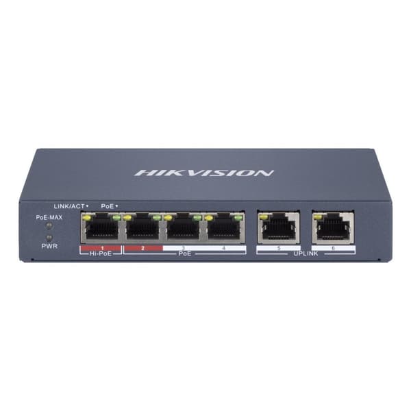 Hikvision DS-3E1106HP-EI - Switch - Smart - 3 x 10/100 (PoE+) + 2 x 10/100 (Uplink) + 1 x 10/100 (Hi-PoE) - Desktop - Høj PoE / PoE+ (60 W) (DS-3E1106