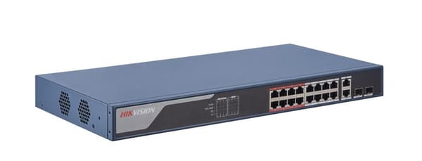 Hikvision DS-3E1318P-EI - Switch - hanterad - 16 x 10/100 (PoE+) + 2 x Combo Gigabit - Desktop - PoE+ (230 W) (DS-3E1318P-EI) Blå
