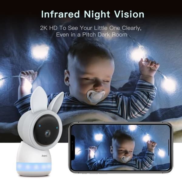 Arenti AInanny Cam - Multifunktionell baby monitor 3MP/2K - Ljuddetektering - Färgglatt LED-ljus - Temperatursensor