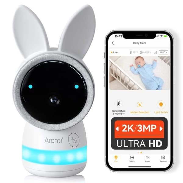 Arenti AInanny Cam - Multifunktionell baby monitor 3MP/2K - Ljuddetektering - Färgglatt LED-ljus - Temperatursensor