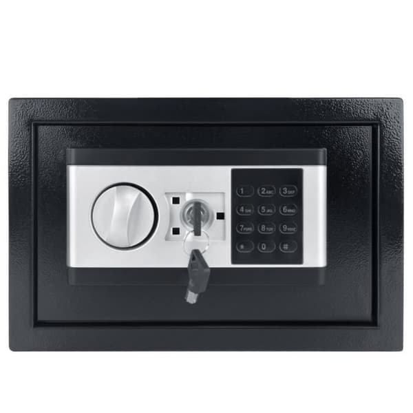 Elektroniskt kassaskåp, Litet kassaskåp i järnstål, eld Med digitalt lösenord och 2 säkerhetsnycklar, Svart, 35 x 25 x 25 cm