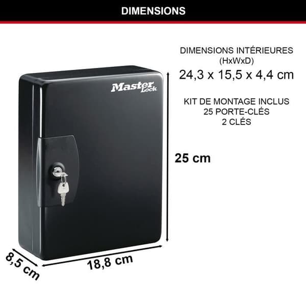 Nyckelskåp 25 krokar MASTERLOCK KB25ML - Väggmonterad - 25 nyckelringar medföljer med etiketter - Svart