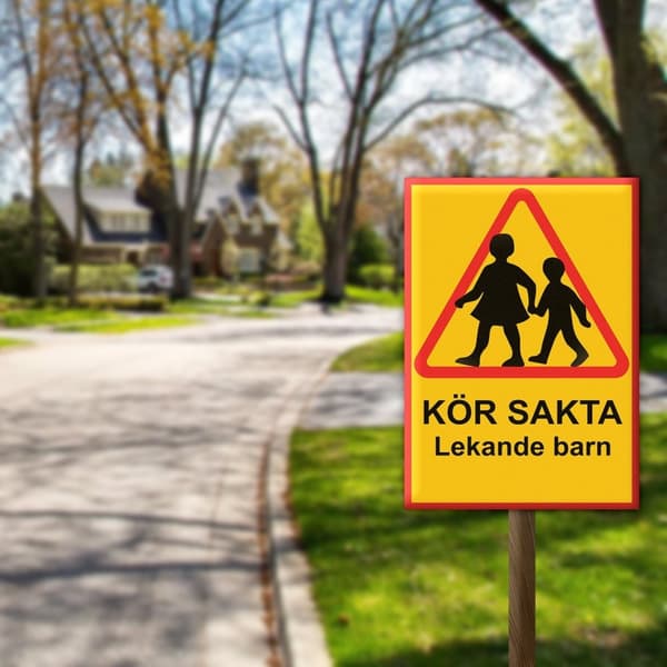 Kör sakta lekande barn - Skylt / Varningsskylt - Trafikskylt