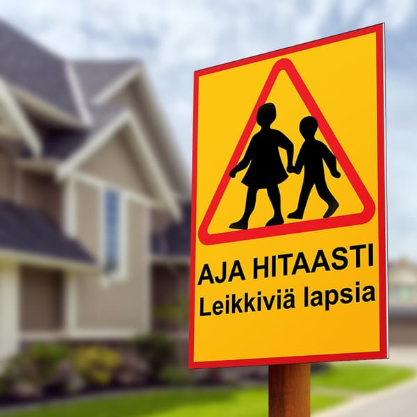Aja hitaasti leikkiviä lapsia - Kyltti / Varoitusmerkki - Liikennemerkit