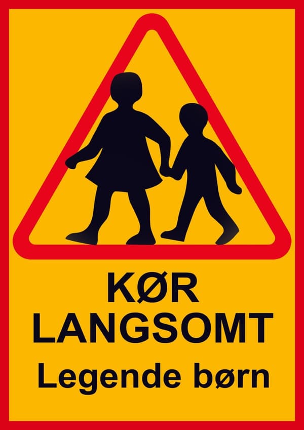 Kør langsomt legende børn - Skilt / Advarselsskilt - Trafikskilte 2-pak (DK)
