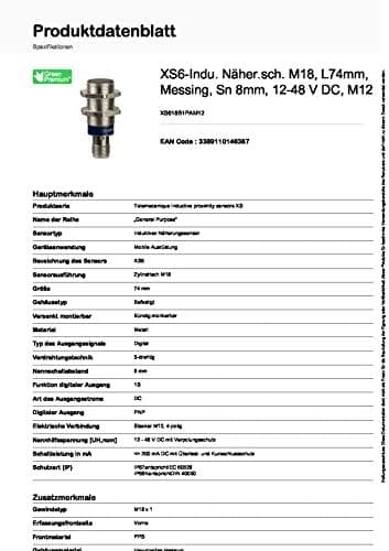 Schneider XS618B1PAM12 XS6 induktiv närhetsbrytare M18 L74mm Mässing Sn 8mm 12-48V DC M12