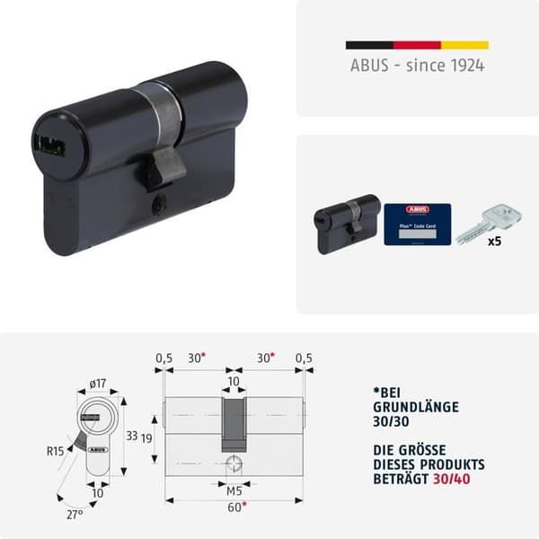 Säkerhetsdel till hemmet Abus - 968044 - Profilcylinder D6XBL 30/40 med kodkort och 5 nycklar - Svart