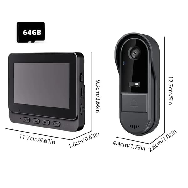 Smart video dørklokke, 4,3 tommer skærm, 1280x720 opløsning,Hvid 64G Kort