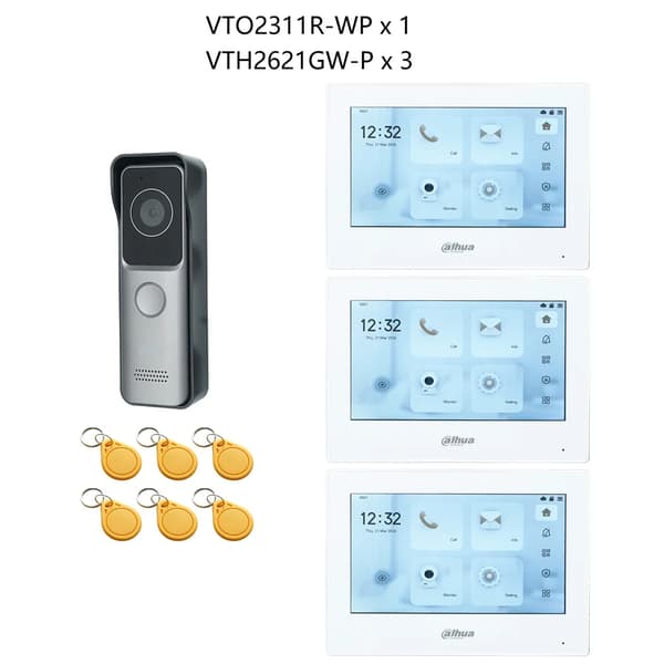 Dahua IP Video Intercom Kit, RFID-kortlåse, 7-tommers touchskærm,1 DB 3 hvid Skærm