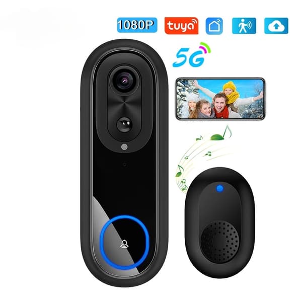 Video Dørklokke, 1080P Kamera, 7000mAh Batteri, IP65 Vandtæt,Dørklokke sæt