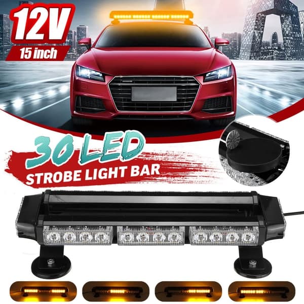 15" 30LED bil nødadvarsel Strobe lysstang Beacon lamper vandtætte rav(ravlys, gult lys)