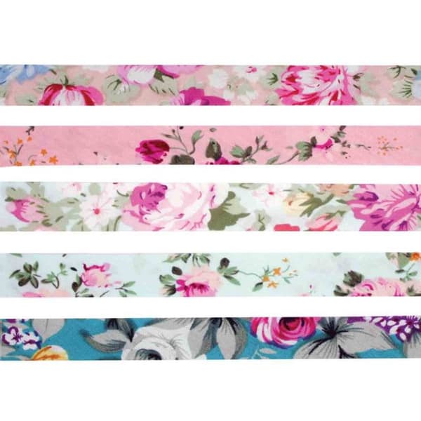 Biais i bomull - MÉGACRÉA - Pastellblommor - 1 cm x 1 m - Paket med 5 st