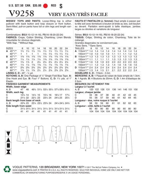 Mönster - Terick tutorial - V9258F50 - VOGUE MÖNSTER Toppar och byxor Mönster, flerfärgade, storlekar 1624