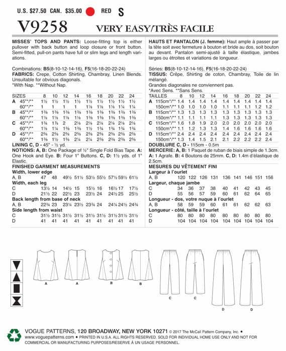 Mönster - Terick tutorial - V9258F50 - VOGUE MÖNSTER Toppar och byxor Mönster, flerfärgade, storlekar 1624